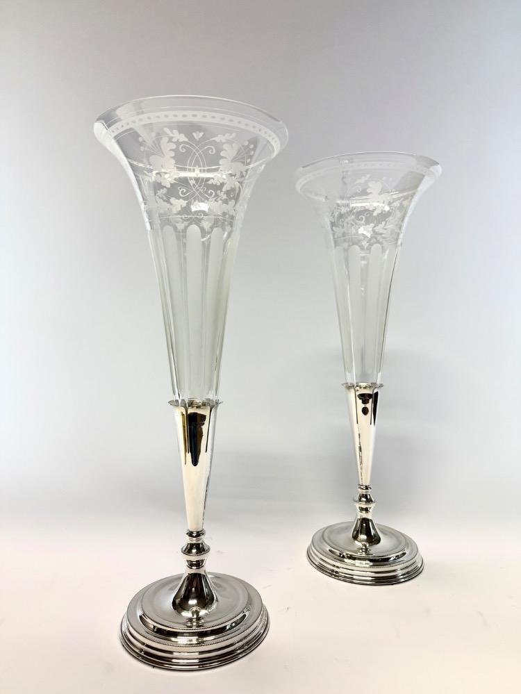 Pair silver plated glass vases. 