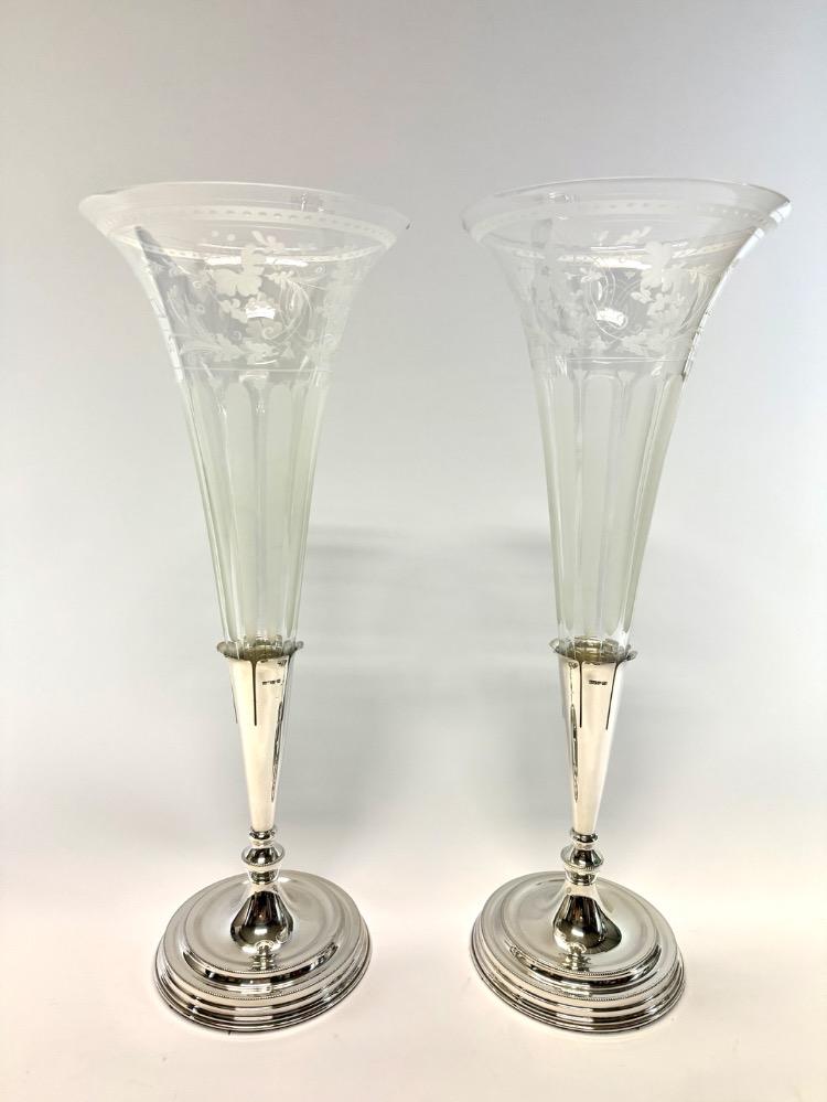 Pair silver plated glass vases. 
