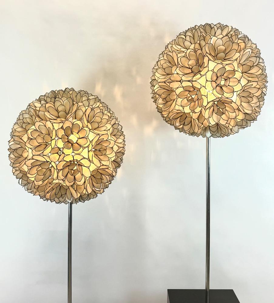 Pair vintage spherical Capiz lotus flower floor lamps by Rausch. 