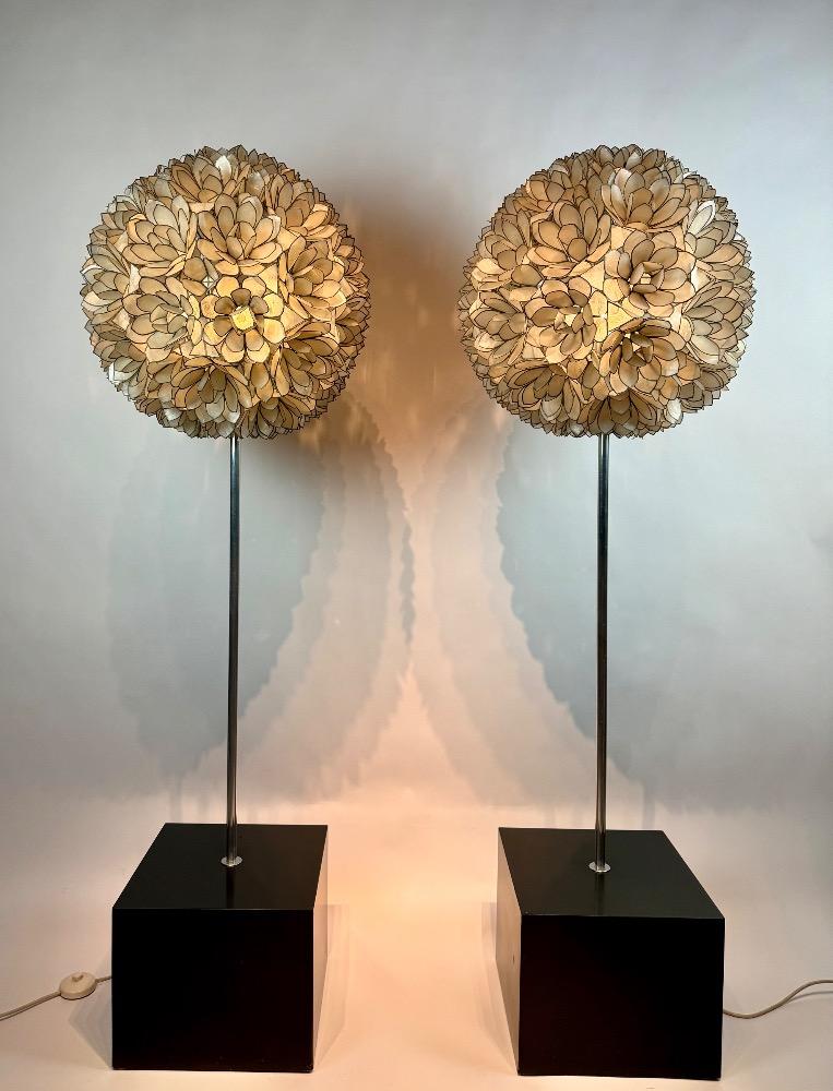 Pair vintage spherical Capiz lotus flower floor lamps by Rausch. 