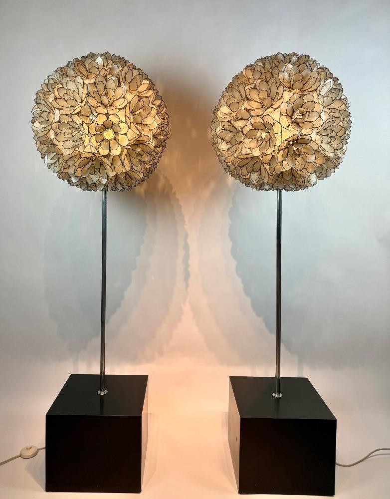 Pair vintage spherical Capiz lotus flower floor lamps by Rausch. 